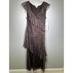 Sundance Maxi Dress S Brown Gold Floral Print Ruffled Tiered Embroidered Wedding